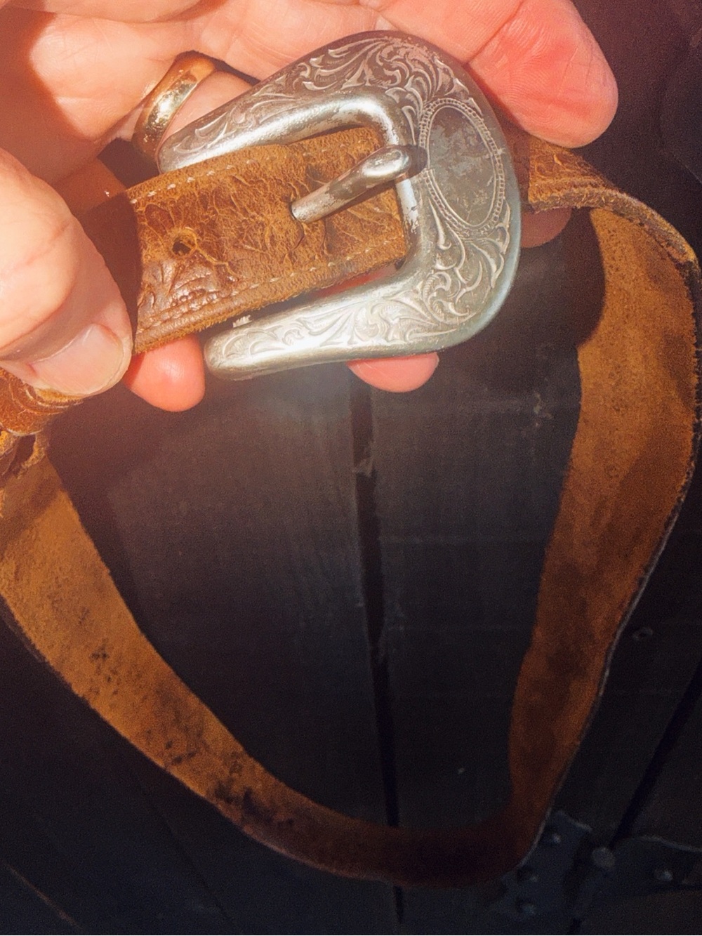 Justin Vintage 1993 Brown Leather Men’s Belt with Decorative Silver Buckle